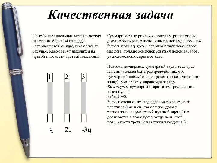 Качественная задача На трёх параллельных металлических пластинах большой площади располагаются заряды,