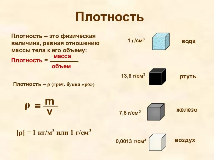 Плотность Плотность – это физическая величина, равная отношению массы тела к