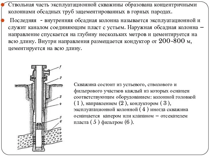 Ствольная часть эксплуатационной скважины образована концентричными колоннами обсадных труб зацементированных в