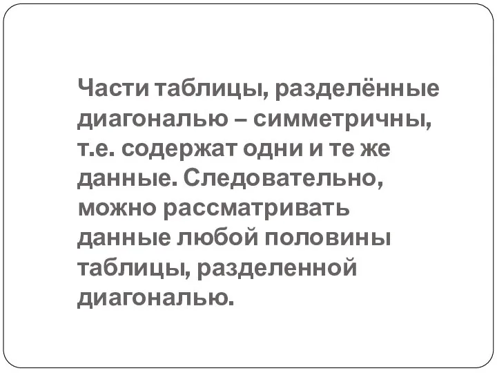 Части таблицы, разделённые диагональю – симметричны, т.е. содержат одни и те