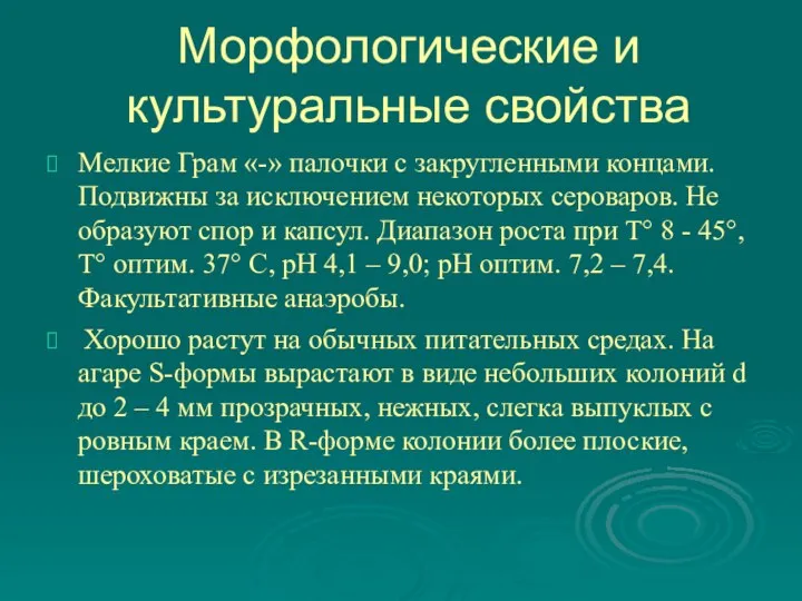 Морфологические и культуральные свойства Мелкие Грам «-» палочки с закругленными концами.