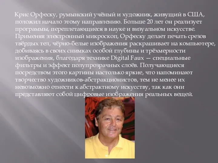 Крис Орфеску, румынский учёный и художник, живущий в США, положил начало