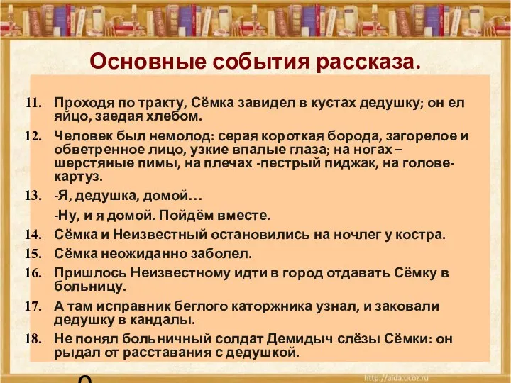 24.09.10 Основные события рассказа. Проходя по тракту, Сёмка завидел в кустах