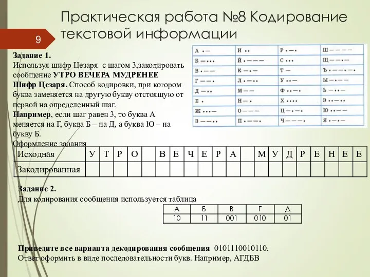 Практическая работа №8 Кодирование текстовой информации Задание 1. Используя шифр Цезаря