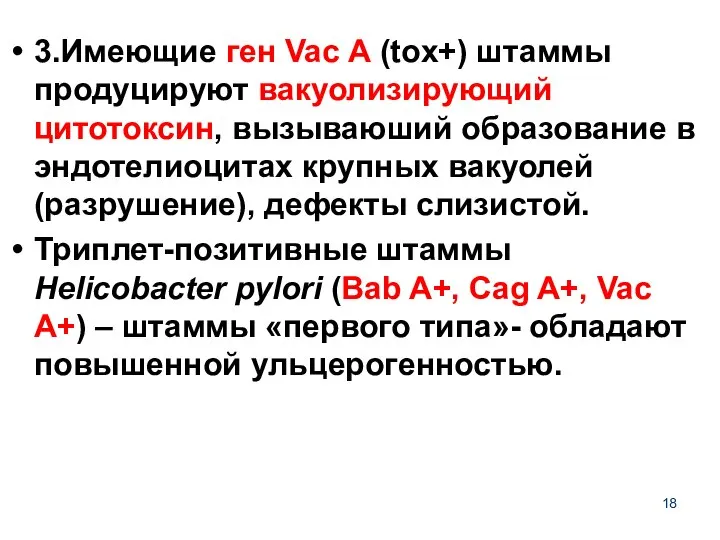 3.Имеющие ген Vac A (tox+) штаммы продуцируют вакуолизирующий цитотоксин, вызываюший образование