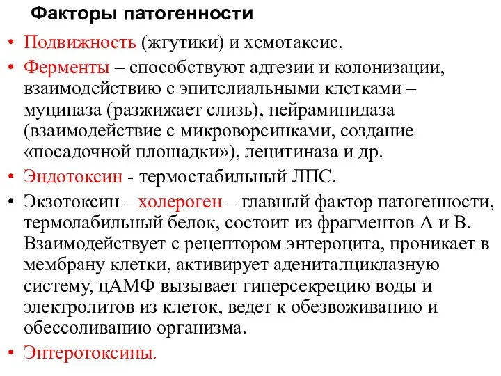 Факторы патогенности Подвижность (жгутики) и хемотаксис. Ферменты – способствуют адгезии и