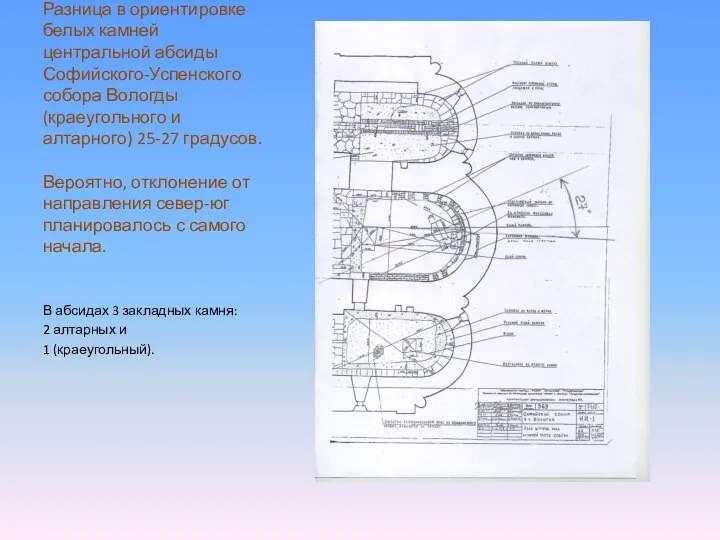Разница в ориентировке белых камней центральной абсиды Софийского-Успенского собора Вологды (краеугольного