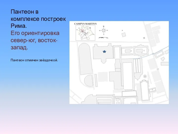 Пантеон в комплексе построек Рима. Его ориентировка север-юг, восток-запад. Пантеон отмечен звёздочкой.