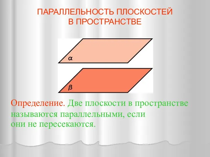 Определение. Две плоскости в пространстве называются параллельными, если они не пересекаются. ПАРАЛЛЕЛЬНОСТЬ ПЛОСКОСТЕЙ В ПРОСТРАНСТВЕ