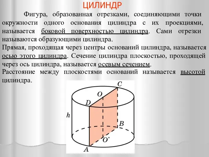 ЦИЛИНДР Фигура, образованная отрезками, соединяющими точки окружности одного основания цилиндра с