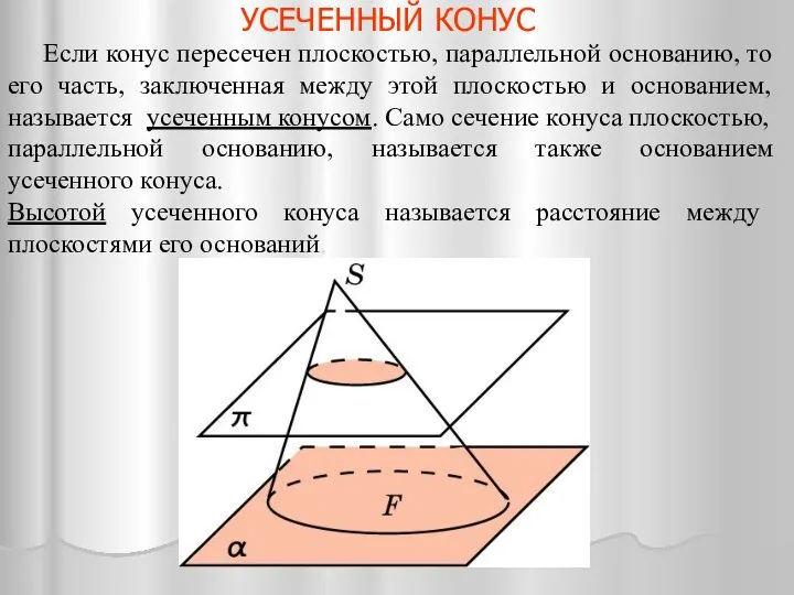 УСЕЧЕННЫЙ КОНУС Если конус пересечен плоскостью, параллельной основанию, то его часть,