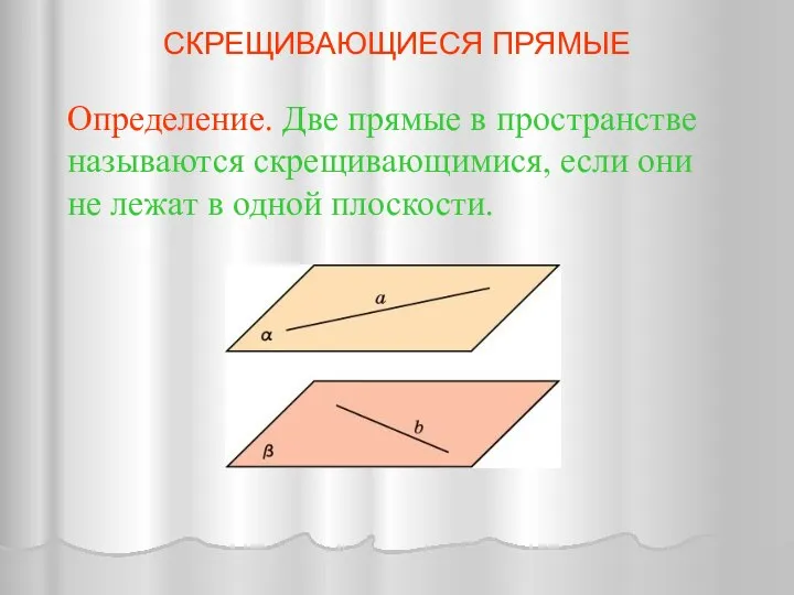 Определение. Две прямые в пространстве называются скрещивающимися, если они не лежат в одной плоскости. СКРЕЩИВАЮЩИЕСЯ ПРЯМЫЕ