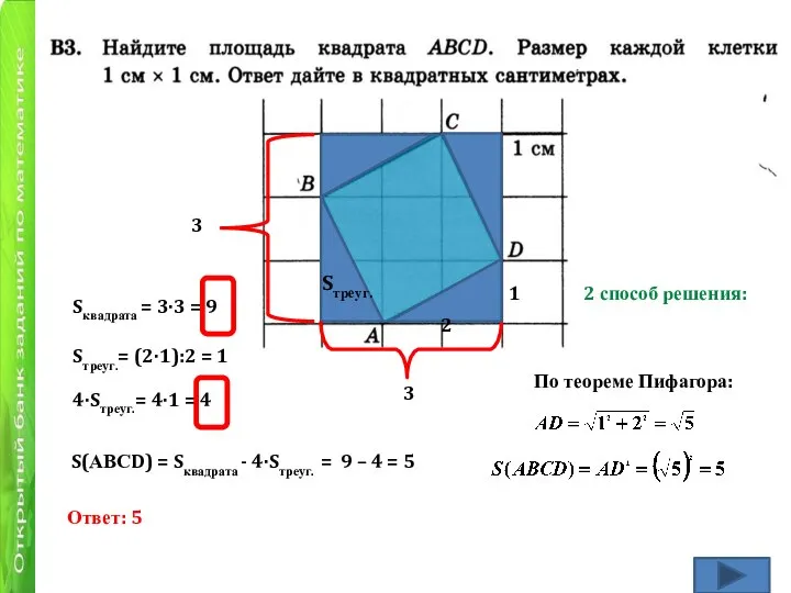 Sтреуг. 3 3 Sквадрата = 3·3 = 9 Sтреуг.= (2·1):2 =