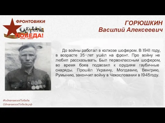 ГОРЮШКИН Василий Алексеевич До войны работал в колхозе шофером. В 1941