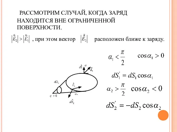 РАССМОТРИМ СЛУЧАЙ, КОГДА ЗАРЯД НАХОДИТСЯ ВНЕ ОГРАНИЧЕННОЙ ПОВЕРХНОСТИ. , при этом вектор расположен ближе к заряду.