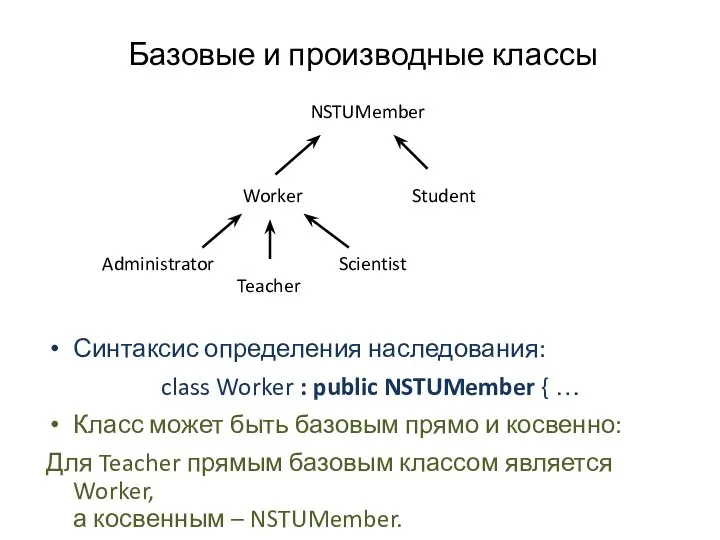 Базовые и производные классы Синтаксис определения наследования: class Worker : public