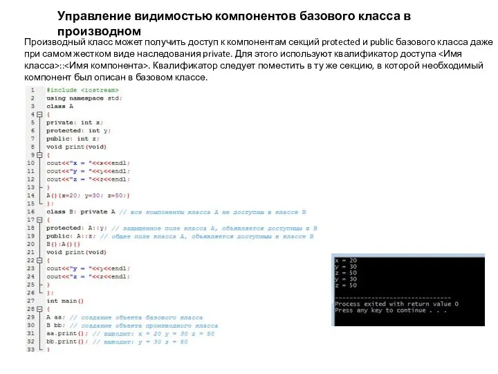 Управление видимостью компонентов базового класса в производном Производный класс может получить