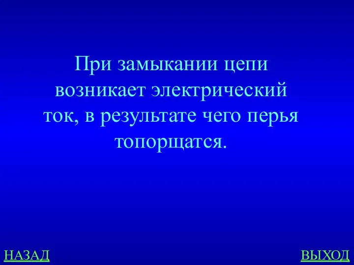 НАЗАД ВЫХОД При замыкании цепи возникает электрический ток, в результате чего перья топорщатся.