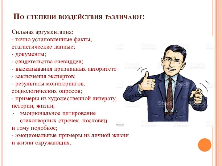 По степени воздействия различают: Сильная аргументация: - точно установленные факты, статистические