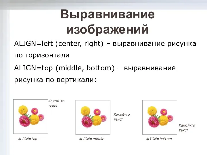 Выравнивание изображений ALIGN=left (center, right) – выравнивание рисунка по горизонтали ALIGN=top