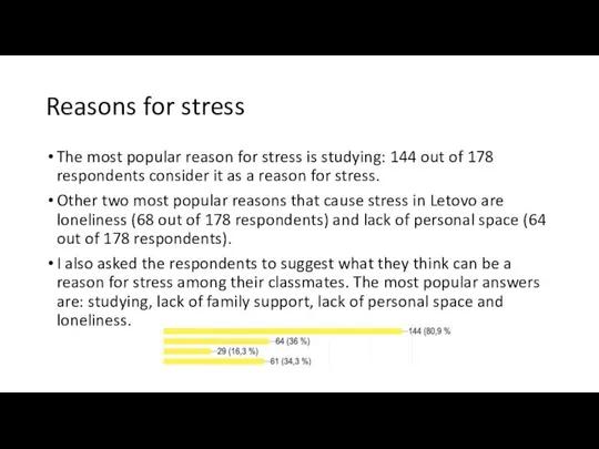 Reasons for stress The most popular reason for stress is studying: