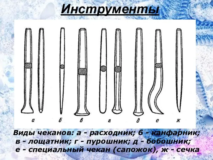 Инструменты Виды чеканов: а - расходник; б - канфарник; в -