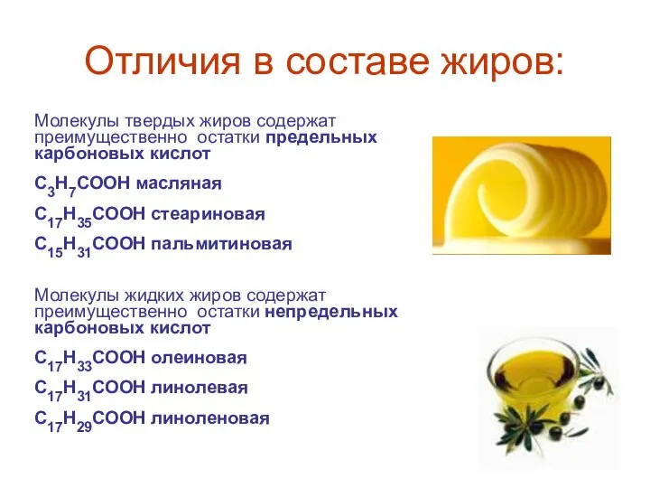 Отличия в составе жиров: Молекулы твердых жиров содержат преимущественно остатки предельных