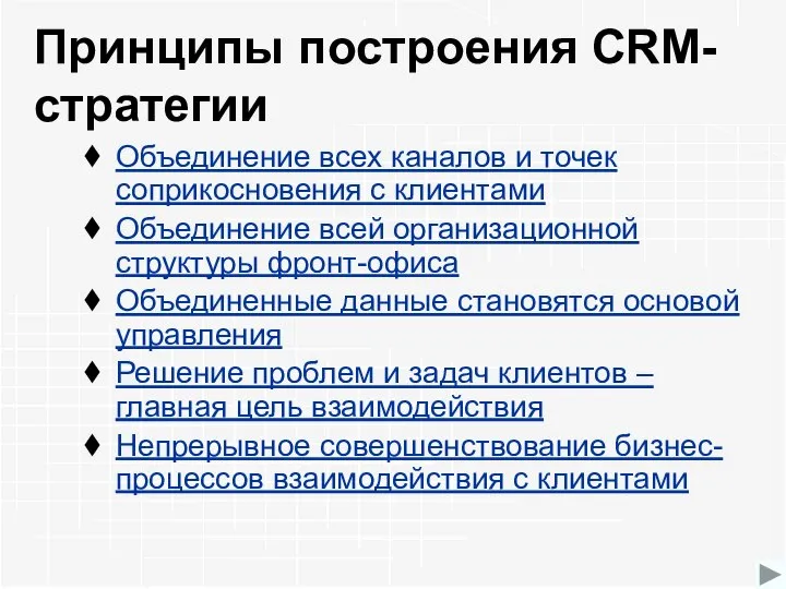 Принципы построения CRM-стратегии Объединение всех каналов и точек соприкосновения с клиентами