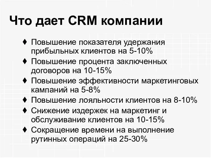 Что дает CRM компании Повышение показателя удержания прибыльных клиентов на 5-10%