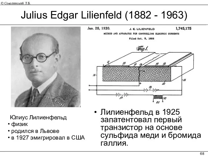 Julius Edgar Lilienfeld (1882 - 1963) Лилиенфельд в 1925 запатентовал первый