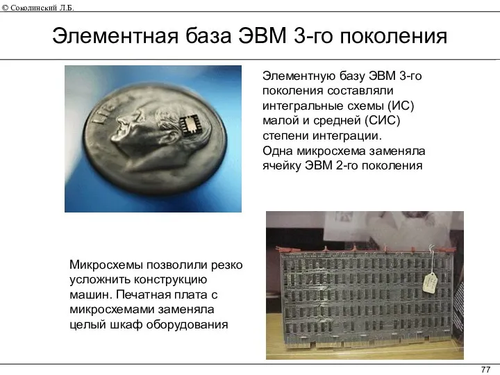 Элементную базу ЭВМ 3-го поколения составляли интегральные схемы (ИС) малой и