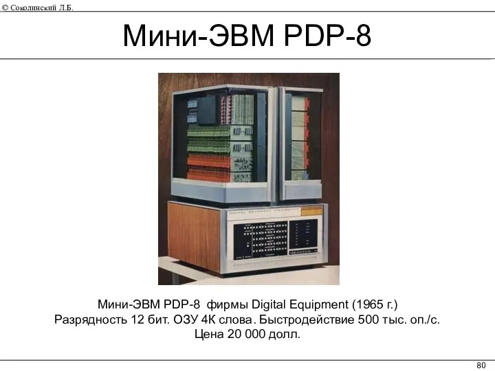 Мини-ЭВМ PDP-8 фирмы Digital Equipment (1965 г.) Разрядность 12 бит. ОЗУ