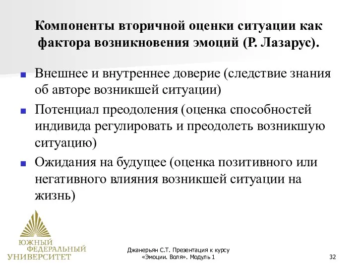 Джанерьян С.Т. Презентация к курсу «Эмоции. Воля». Модуль 1 Компоненты вторичной