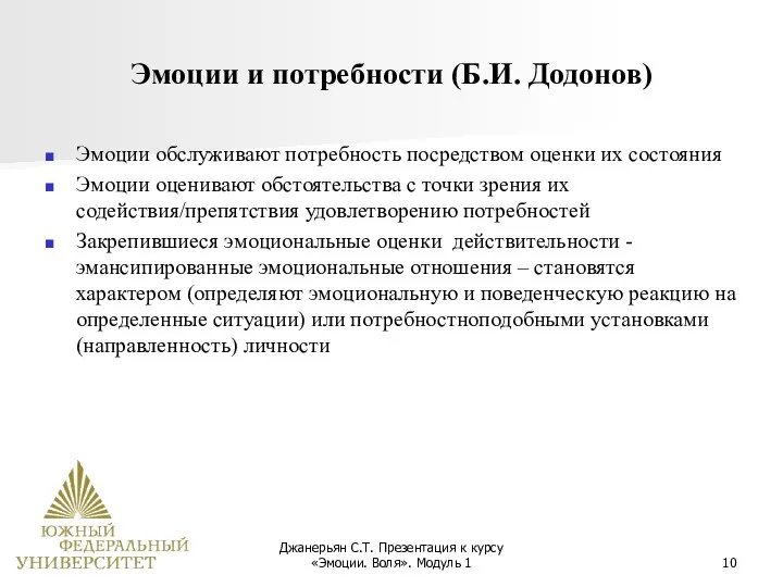 Джанерьян С.Т. Презентация к курсу «Эмоции. Воля». Модуль 1 Эмоции и