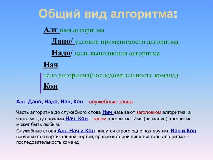 Общий вид алгоритма: Алг имя алгоритма Дано/ условия применимости алгоритма Надо/