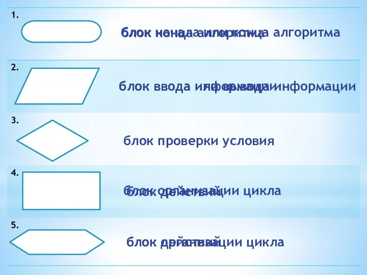 блок конца алгоритма блок ввода информации блок проверки условия блок действий