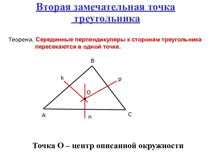 Вторая замечательная точка треугольника Теорема. Серединные перпендикуляры к сторонам треугольника пересекаются