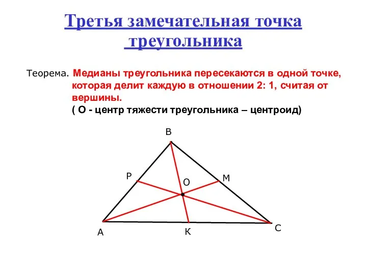 Третья замечательная точка треугольника Теорема. Медианы треугольника пересекаются в одной точке,