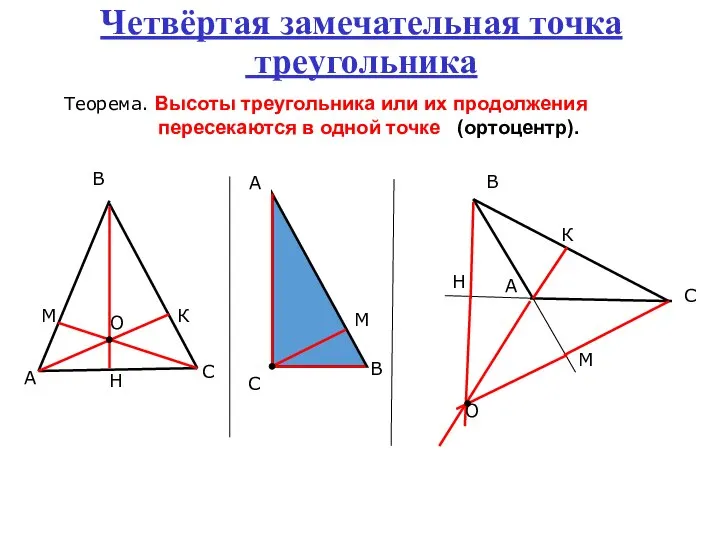 Четвёртая замечательная точка треугольника Теорема. Высоты треугольника или их продолжения пересекаются в одной точке (ортоцентр).