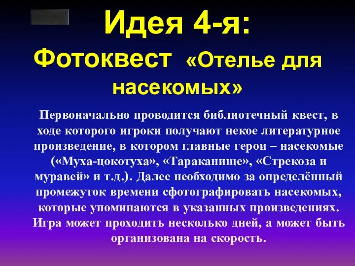 Идея 4-я: Фотоквест «Отелье для насекомых» Первоначально проводится библиотечный квест, в