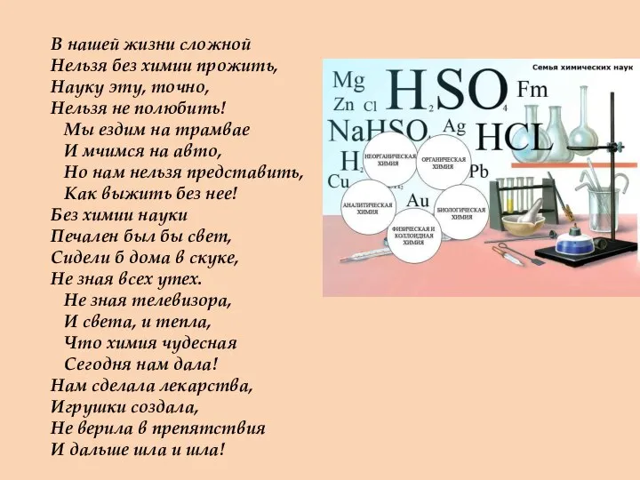 В нашей жизни сложной Нельзя без химии прожить, Науку эту, точно,