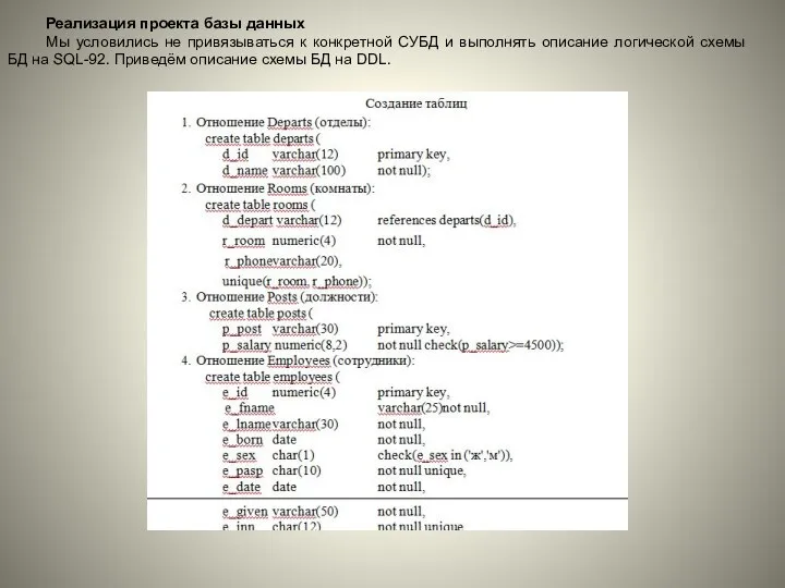 Реализация проекта базы данных Мы условились не привязываться к конкретной СУБД