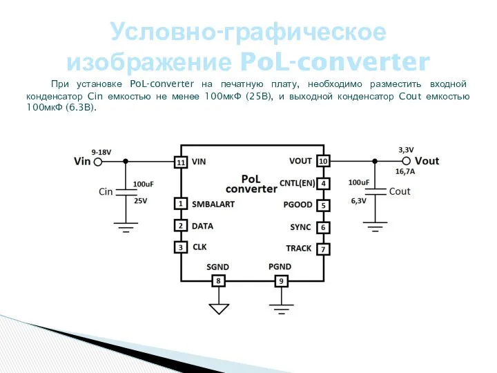 Условно-графическое изображение PoL-converter При установке PoL-converter на печатную плату, необходимо разместить