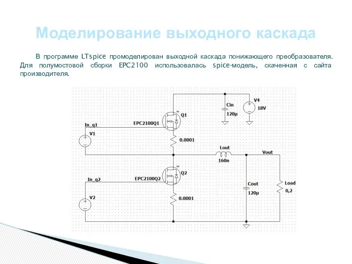 Моделирование выходного каскада В программе LTspice промоделирован выходной каскада понижающего преобразователя.