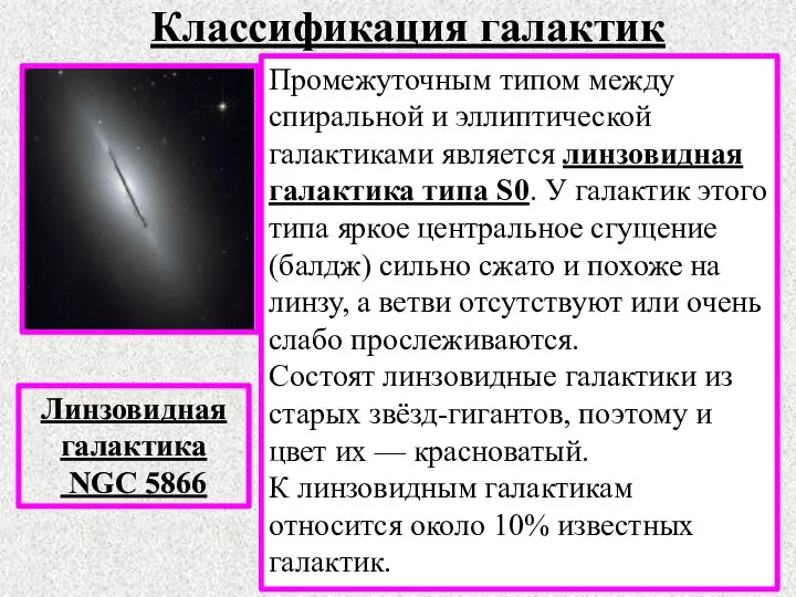 Классификация галактик Линзовидная галактика NGC 5866 Промежуточным типом между спиральной и