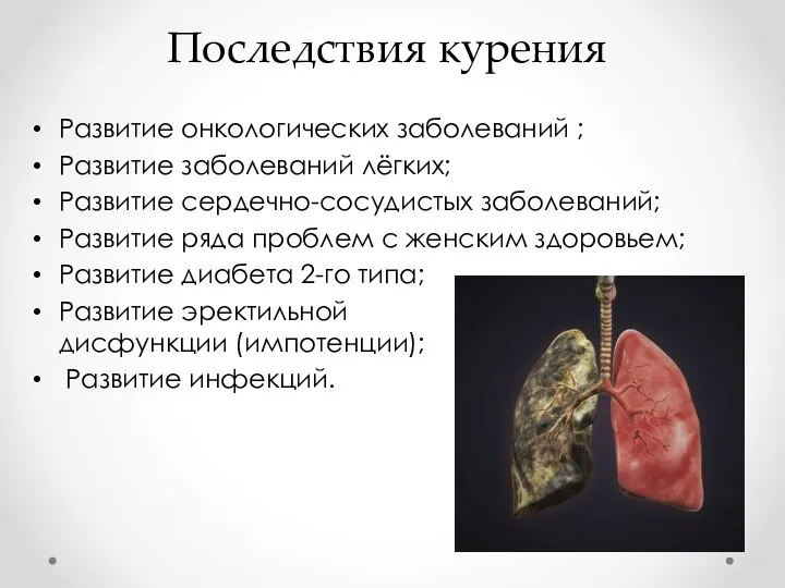 Последствия курения Развитие онкологических заболеваний ; Развитие заболеваний лёгких; Развитие сердечно-сосудистых