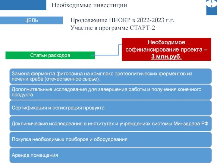 Необходимые инвестиции 11 Необходимое софинансирование проекта – 3 млн.руб. Статьи расходов