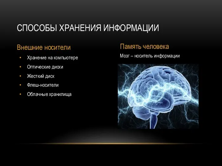 Мозг – носитель информации Хранение на компьютере Оптические диски Жесткий диск