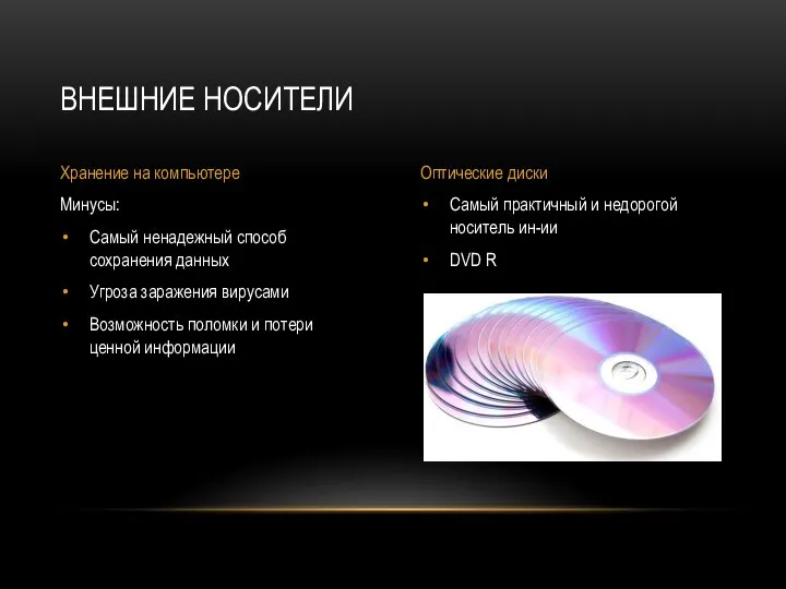 Самый практичный и недорогой носитель ин-ии DVD R Минусы: Самый ненадежный