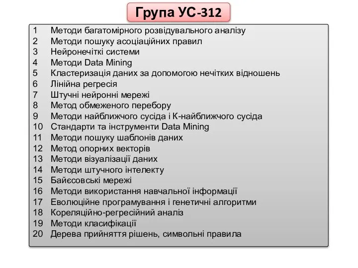 Група УС-312 1 Методи багатомірного розвідувального аналізу 2 Методи пошуку асоціаційних